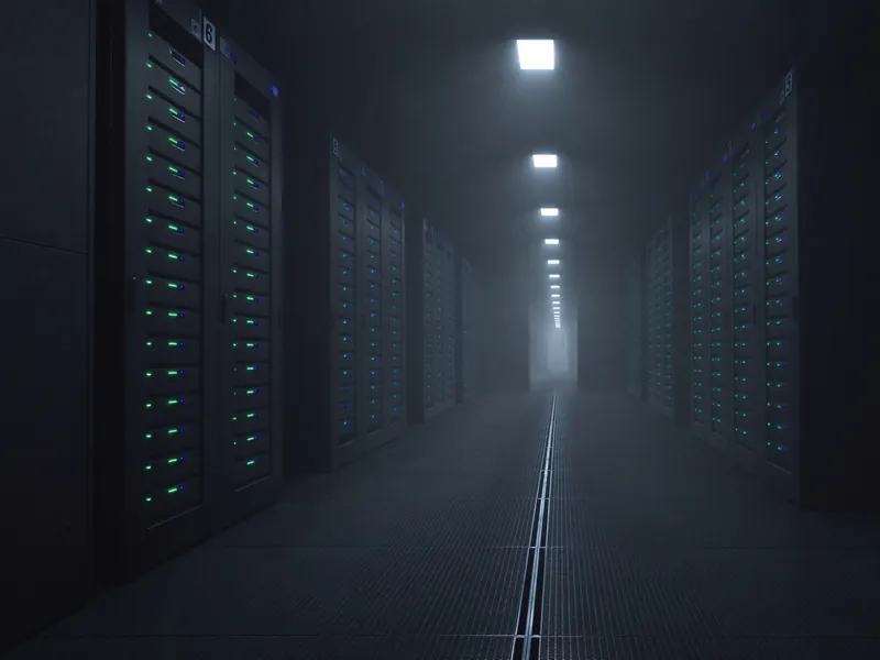 Pasillo de un centro de datos con racks iluminados